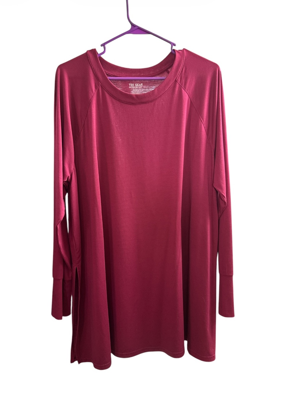 Tek Gear On-the-Go Gear Maroon Long Sleeve Tunic Top EUC 1X Side Slits